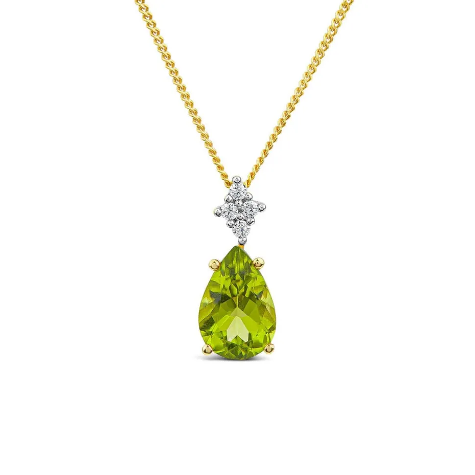9ct Yellow Gold Pear Peridot & 0.05ct Diamond Pendant