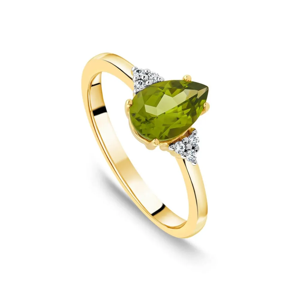9ct Yellow Gold Pear Peridot & Trefoil 0.05ct Diamond Ring