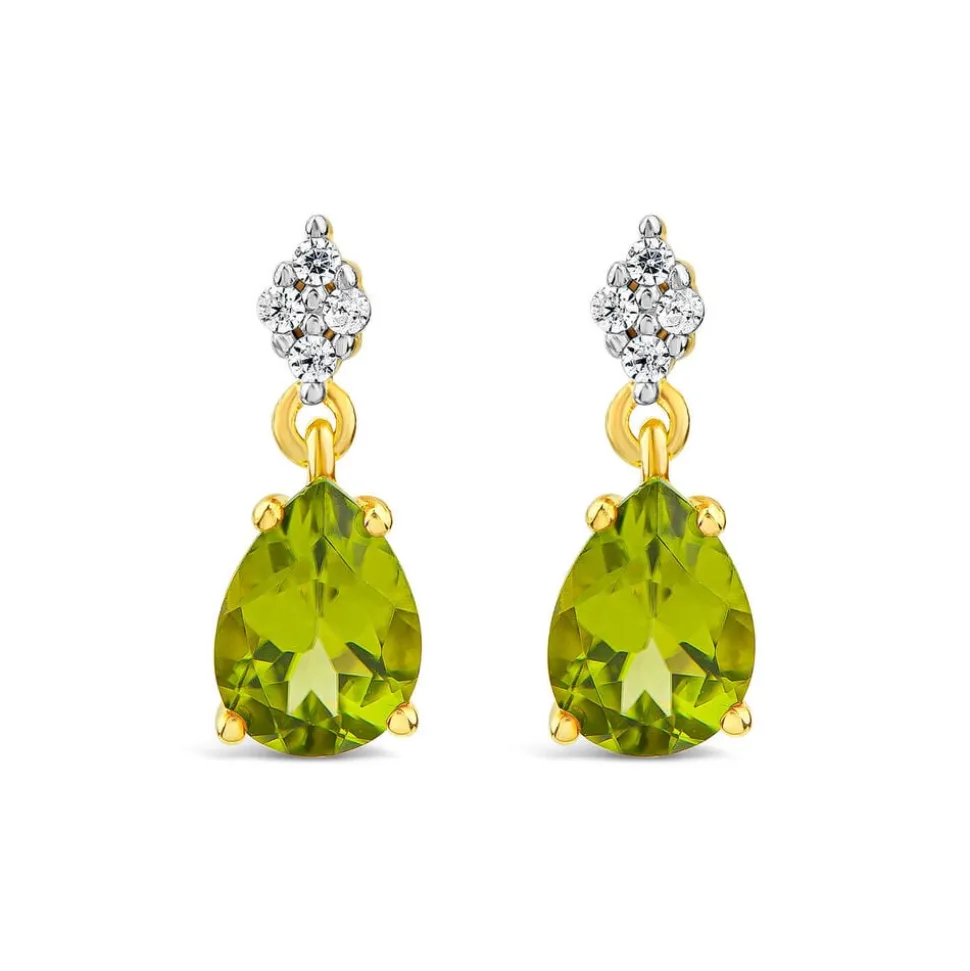 9ct Yellow Gold Pear Peridot & 0.06ct Diamond Drop Earrings