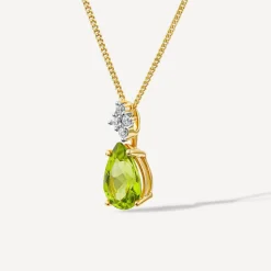 9ct Yellow Gold Pear Peridot & 0.05ct Diamond Pendant