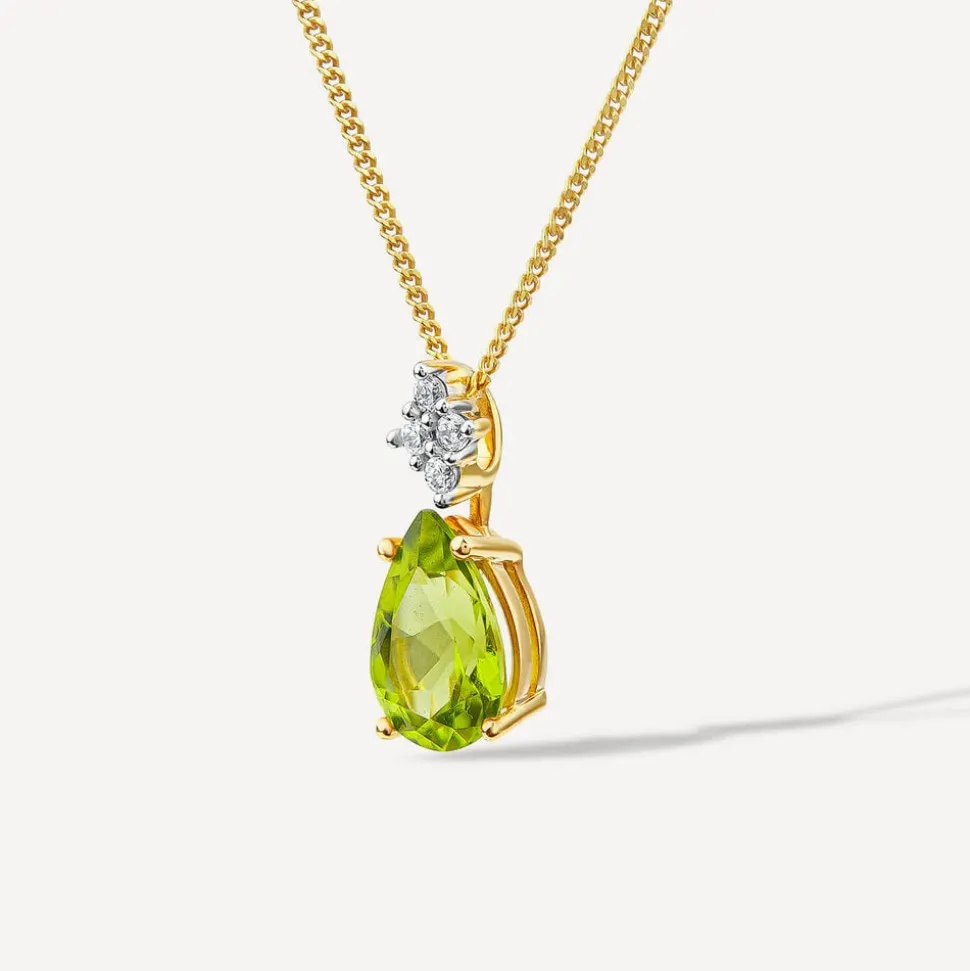 9ct Yellow Gold Pear Peridot & 0.05ct Diamond Pendant