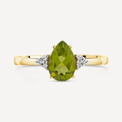 9ct Yellow Gold Pear Peridot & Trefoil 0.05ct Diamond Ring
