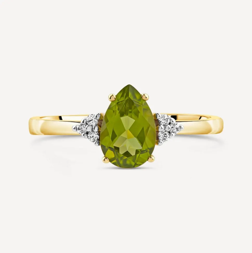 9ct Yellow Gold Pear Peridot & Trefoil 0.05ct Diamond Ring
