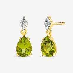 9ct Yellow Gold Pear Peridot & 0.06ct Diamond Drop Earrings