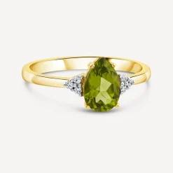 9ct Yellow Gold Pear Peridot & Trefoil 0.05ct Diamond Ring