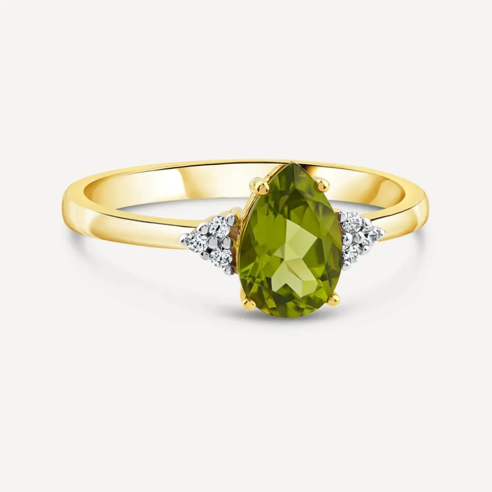 9ct Yellow Gold Pear Peridot & Trefoil 0.05ct Diamond Ring