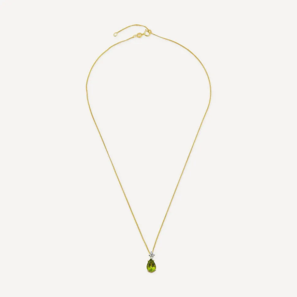 9ct Yellow Gold Pear Peridot & 0.05ct Diamond Pendant