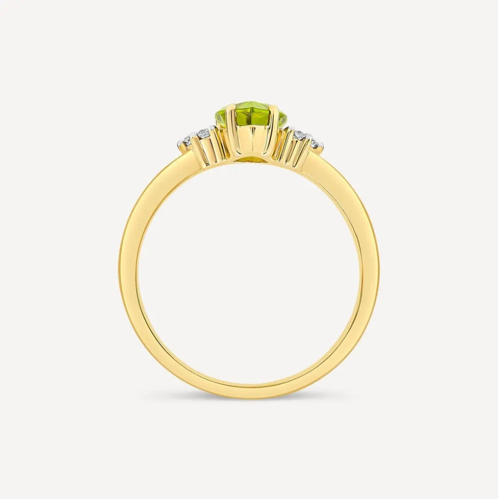 9ct Yellow Gold Pear Peridot & Trefoil 0.05ct Diamond Ring