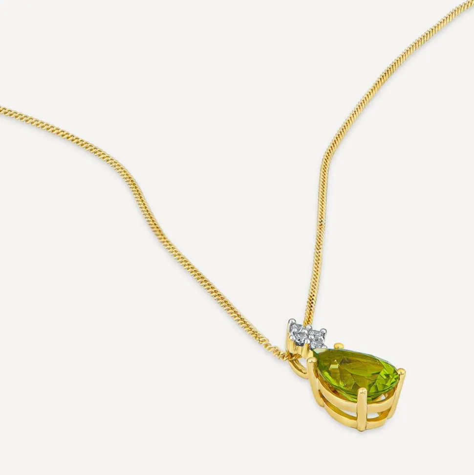 9ct Yellow Gold Pear Peridot & 0.05ct Diamond Pendant