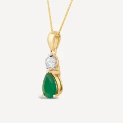 9ct Yellow Gold Pear Shaped Emerald & Diamond Top Pendant