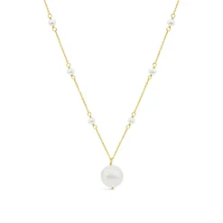 9ct Yellow Gold Pearl Station Chain & Pearl Drop Pendant Necklet