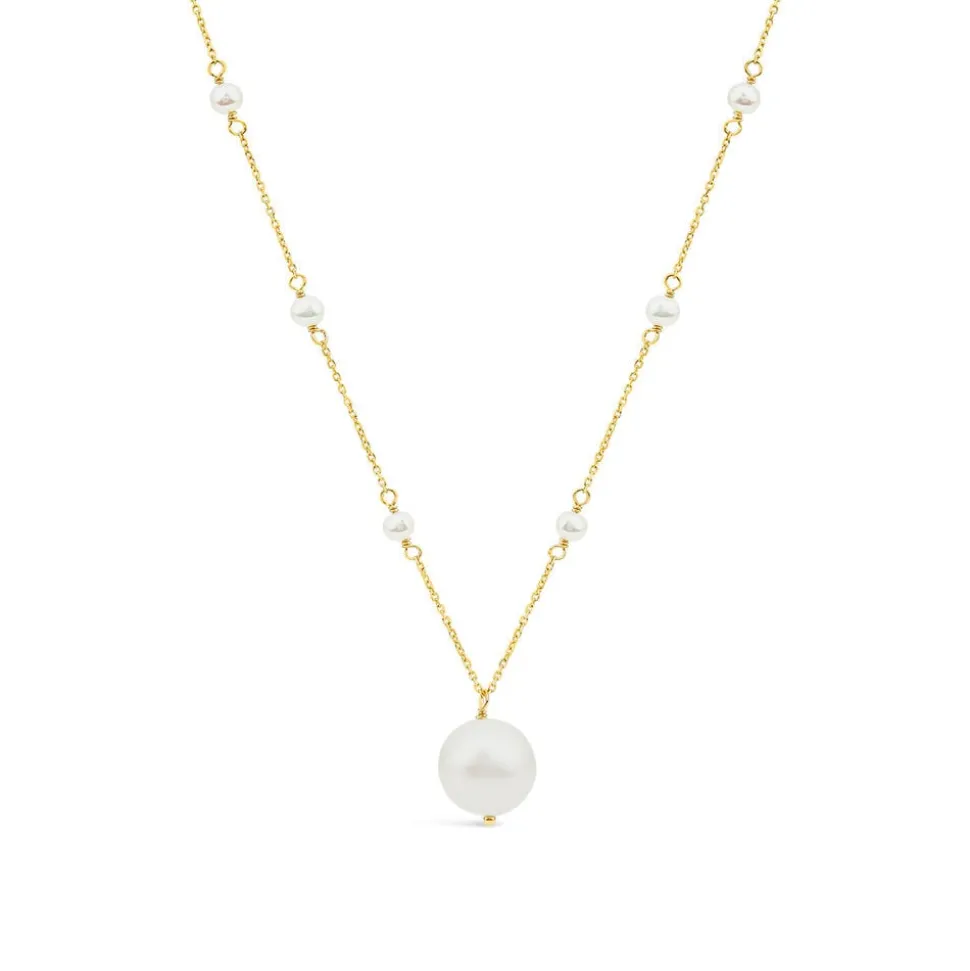 9ct Yellow Gold Pearl Station Chain & Pearl Drop Pendant Necklet