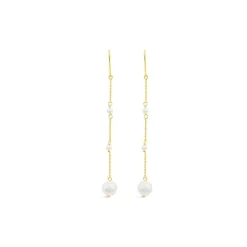 9ct Yellow Gold Pearl Station Chain Drop Earrings