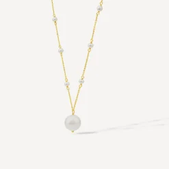 9ct Yellow Gold Pearl Station Chain & Pearl Drop Pendant Necklet
