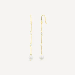 9ct Yellow Gold Pearl Station Chain Drop Earrings