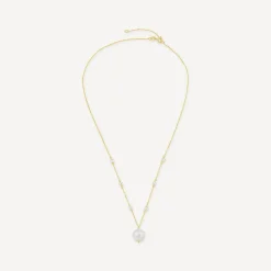 9ct Yellow Gold Pearl Station Chain & Pearl Drop Pendant Necklet