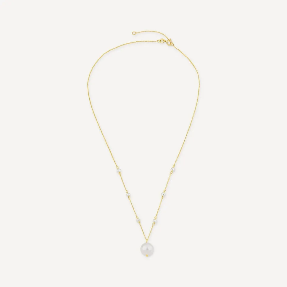 9ct Yellow Gold Pearl Station Chain & Pearl Drop Pendant Necklet
