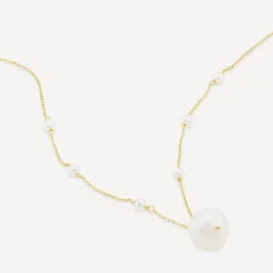 9ct Yellow Gold Pearl Station Chain & Pearl Drop Pendant Necklet
