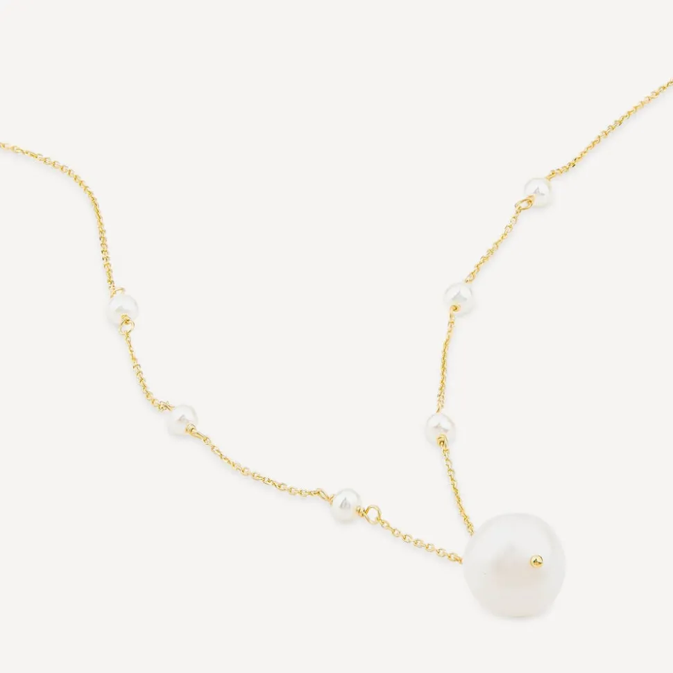 9ct Yellow Gold Pearl Station Chain & Pearl Drop Pendant Necklet