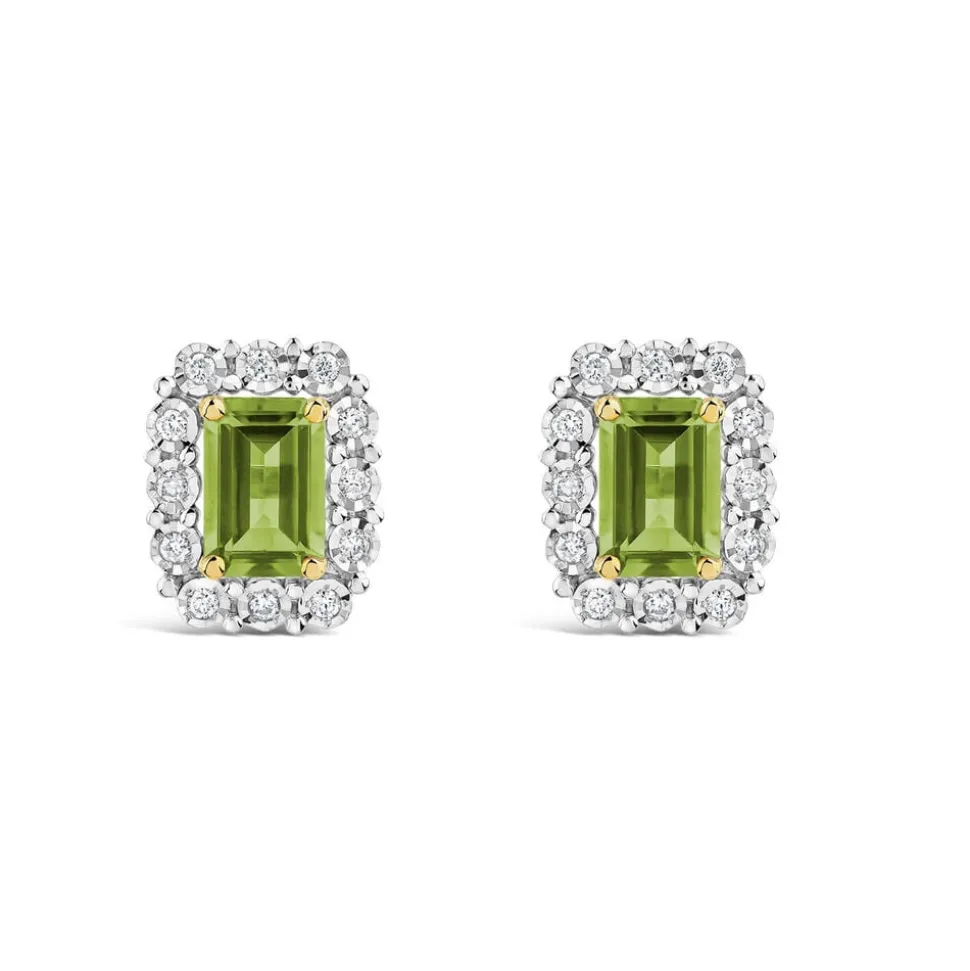 9ct Yellow Gold Peridot 0.11ct Diamond Halo Stud Earrings