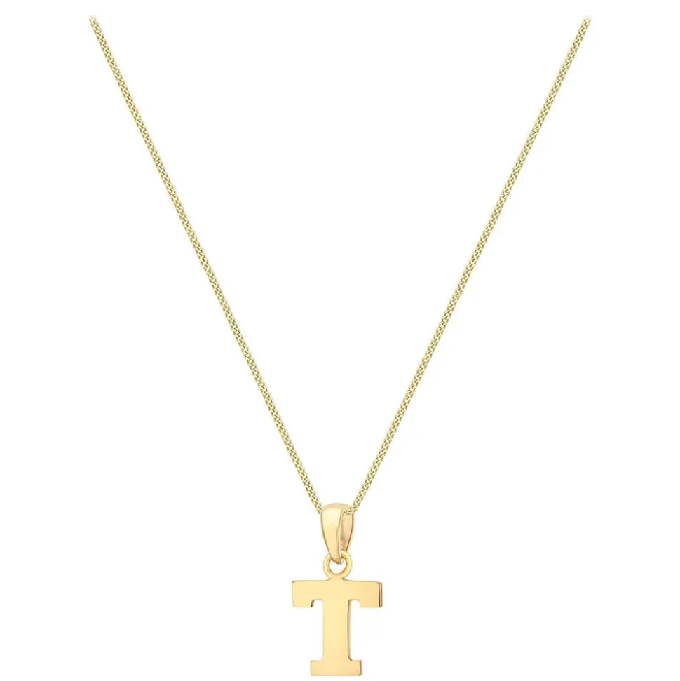 9ct Yellow Gold Plain Initial T Pendant (Chain Included)