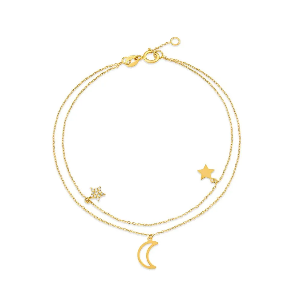 9ct Yellow Gold Polished & Cubic Zirconia Moon & Stars Two Strands Bracelet