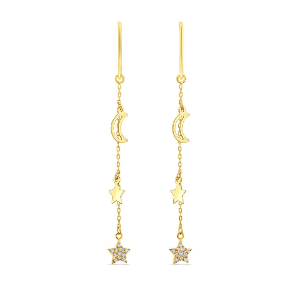 9ct Yellow Gold Polished & Cubic Zirconia Moon & Stars Drop Earrings