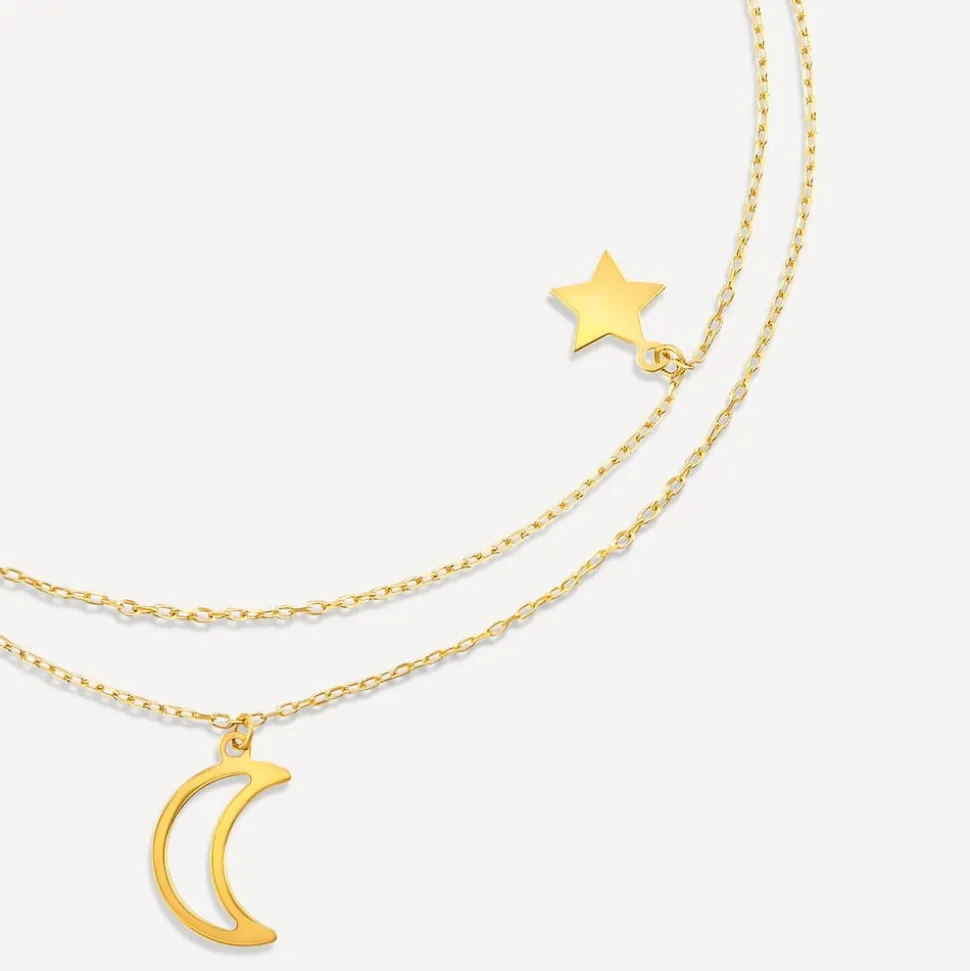 9ct Yellow Gold Polished & Cubic Zirconia Moon & Stars Two Strands Bracelet