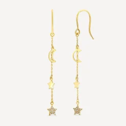 9ct Yellow Gold Polished & Cubic Zirconia Moon & Stars Drop Earrings