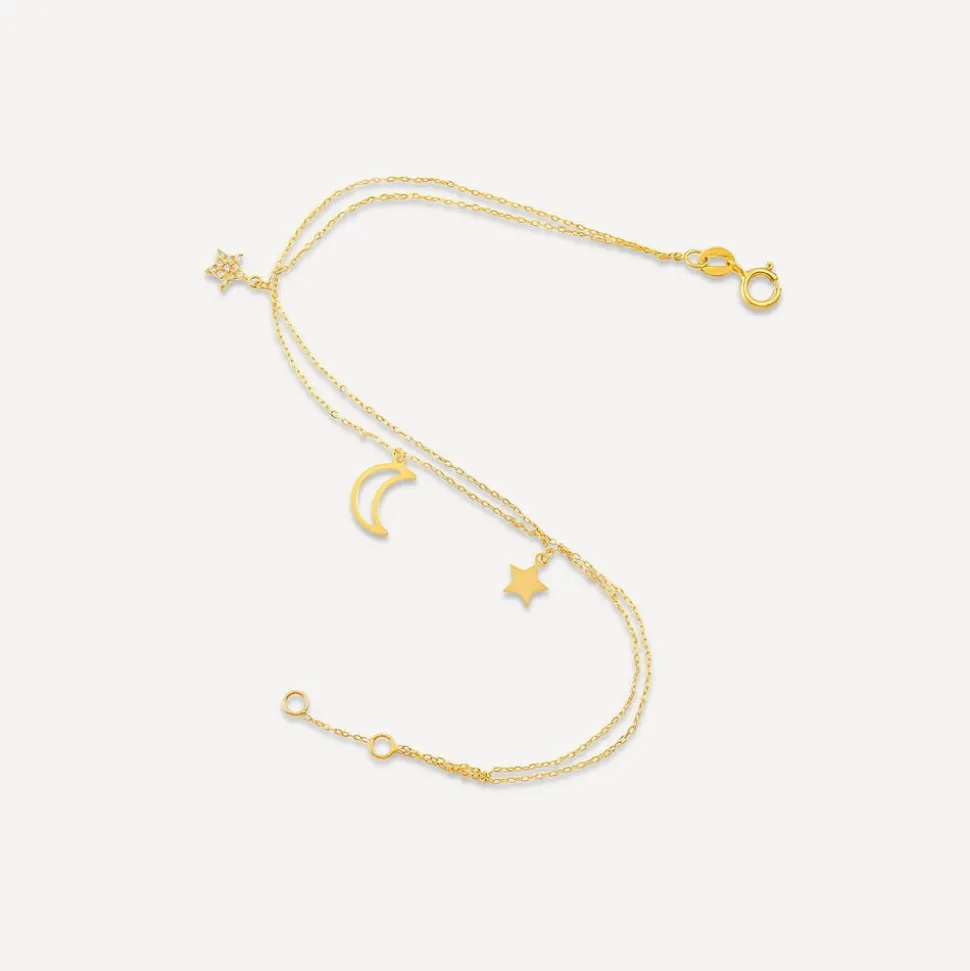 9ct Yellow Gold Polished & Cubic Zirconia Moon & Stars Two Strands Bracelet