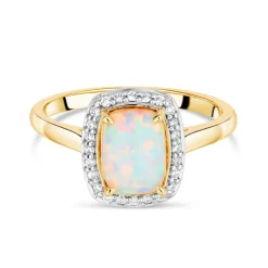 9ct Yellow Gold Rectangle Opal in Cubic Zirconia Frame Ladies Ring
