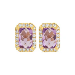 9ct Yellow Gold Rectangular Amethyst & Cubic Zirconia Frame Stud Earrings