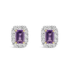 9ct Yellow Gold Rectangular Amethyst Centre 0.11ct Diamond Halo Stud Earrings