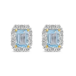9ct Yellow Gold Rectangular Blue Topaz 0.11ct Diamond Halo Stud Earrings