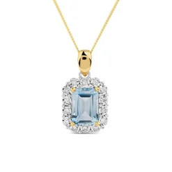 9ct Yellow Gold Rectangular Blue Topaz 0.06ct Diamond Halo Pendant