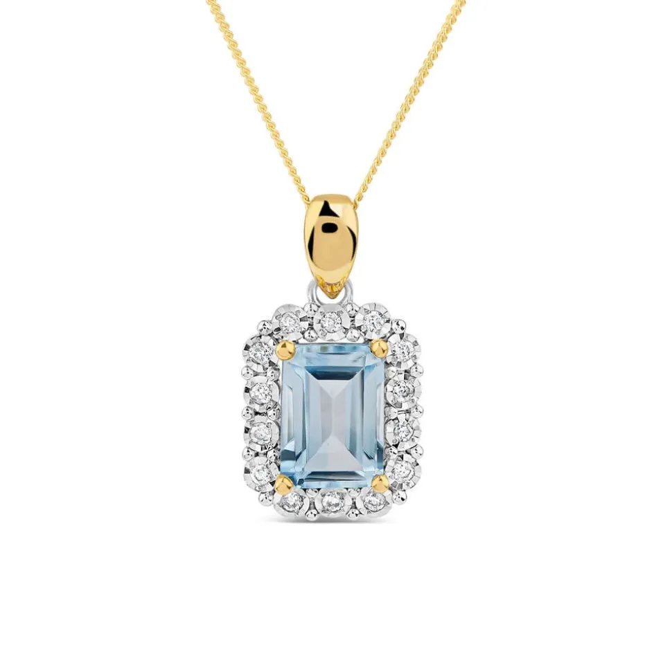 9ct Yellow Gold Rectangular Blue Topaz 0.06ct Diamond Halo Pendant