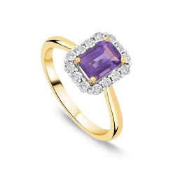 9ct Yellow Gold Rectangular Amethyst Centre 0.06ct Diamond Halo Ring
