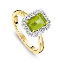 9ct Yellow Gold Rectangular Peridot 0.06ct Halo Diamond Ring