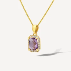 9ct Yellow Gold Rectangular Amethyst & Cubic Zirconia Frame Pendant