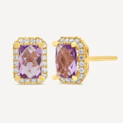 9ct Yellow Gold Rectangular Amethyst & Cubic Zirconia Frame Stud Earrings