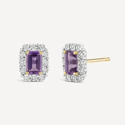 9ct Yellow Gold Rectangular Amethyst Centre 0.11ct Diamond Halo Stud Earrings
