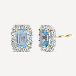 9ct Yellow Gold Rectangular Blue Topaz 0.11ct Diamond Halo Stud Earrings