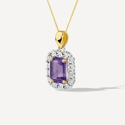 9ct Yellow Gold Rectangular Amethyst 0.06ct Diamond Halo Pendant