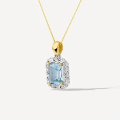 9ct Yellow Gold Rectangular Blue Topaz 0.06ct Diamond Halo Pendant