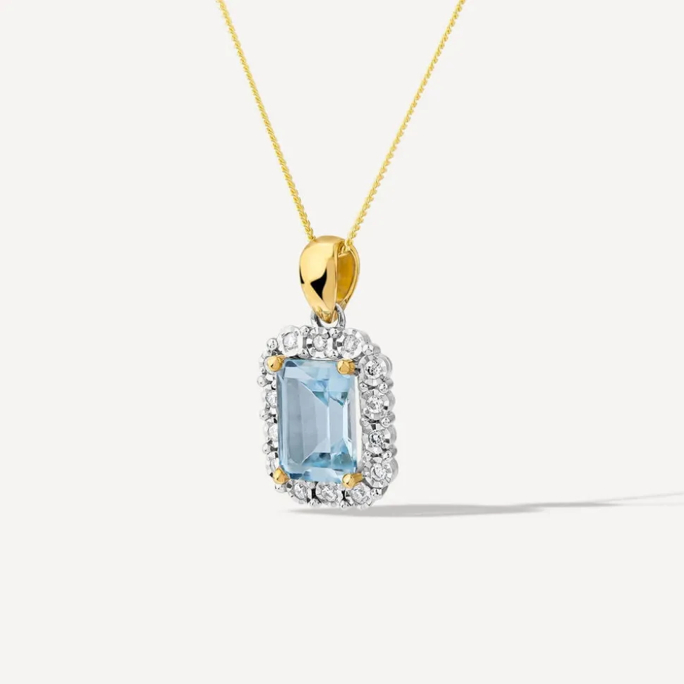 9ct Yellow Gold Rectangular Blue Topaz 0.06ct Diamond Halo Pendant