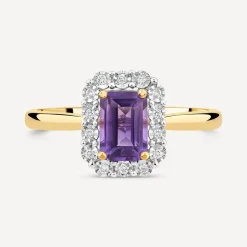 9ct Yellow Gold Rectangular Amethyst Centre 0.06ct Diamond Halo Ring
