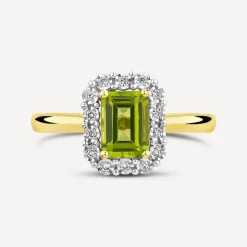 9ct Yellow Gold Rectangular Peridot 0.06ct Halo Diamond Ring