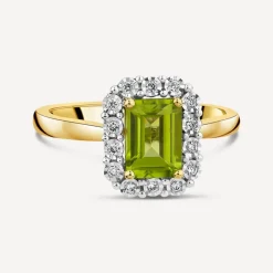 9ct Yellow Gold Rectangular Peridot 0.06ct Halo Diamond Ring