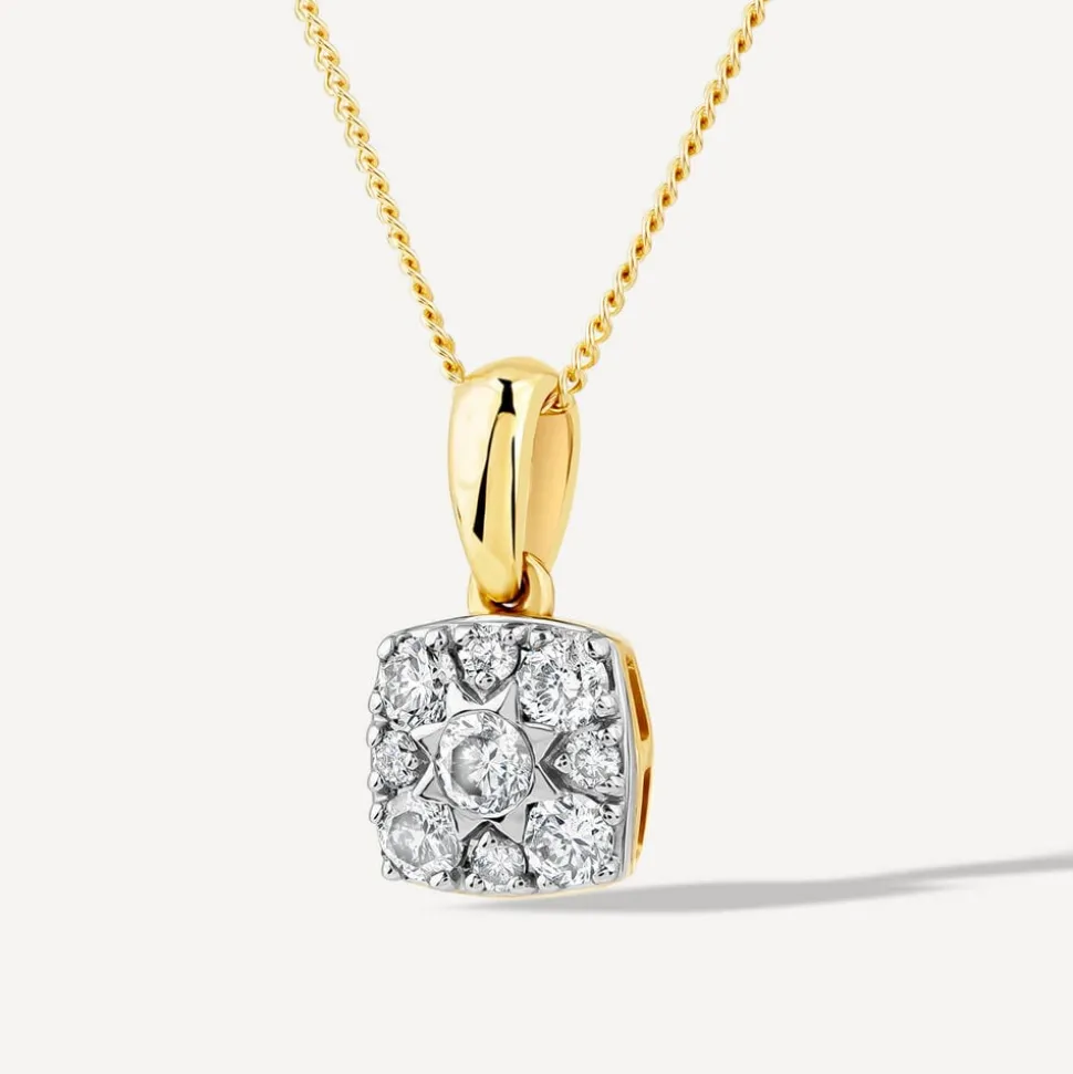 9ct Yellow Gold Square 0.25ct Diamond Cluster Pendant