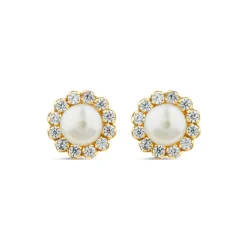 9ct Yellow Gold Tiny Pearl & Cubic Zirconia Surrounded Stud Earrings